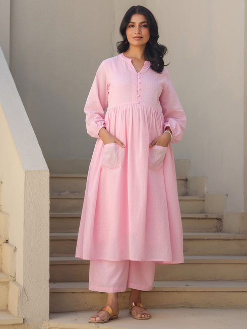 Light Pink Dobby Pure Cotton Self Design A-line Maternity Kurta Pant Set